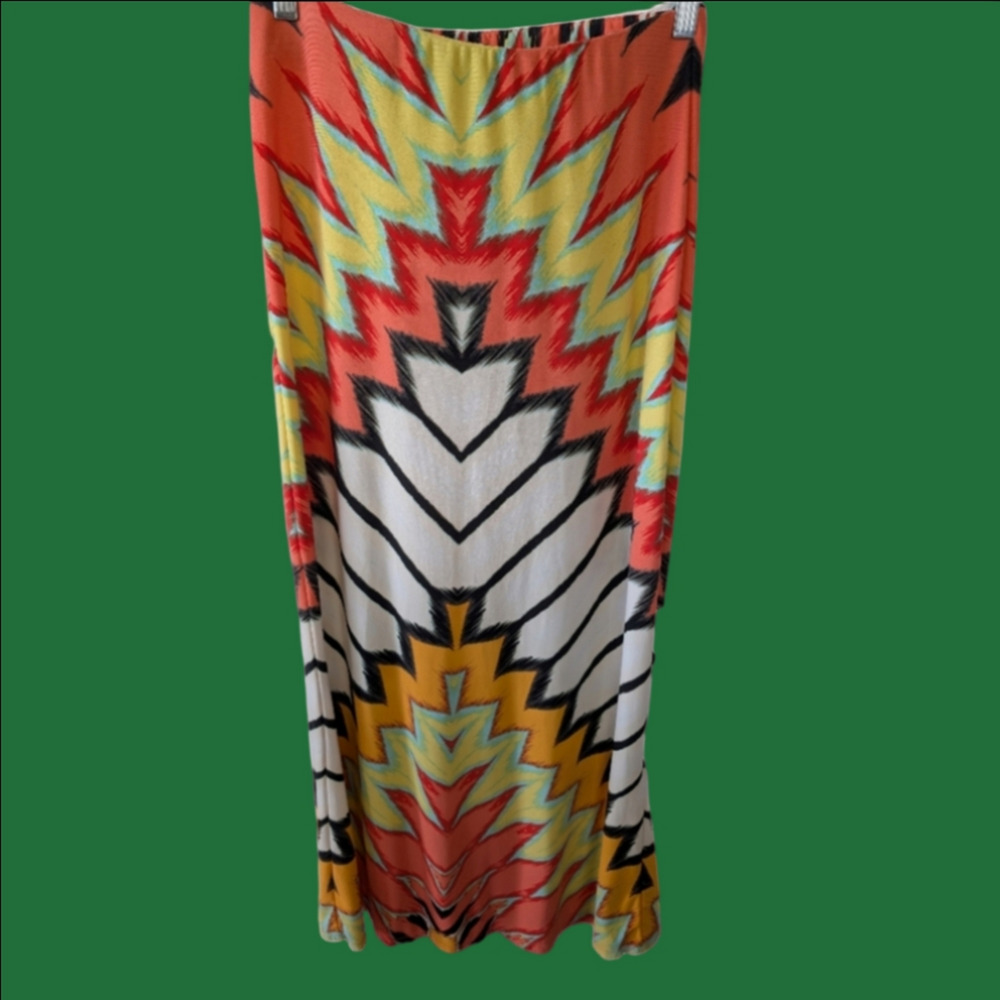 Vintage Maxi Skirt Chevron Pattern Trendy Orange Yellow White Elastic Waist Sz S